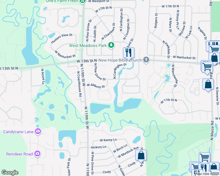 map of restaurants, bars, coffee shops, grocery stores, and more near 15 West Alderny Court in Wichita