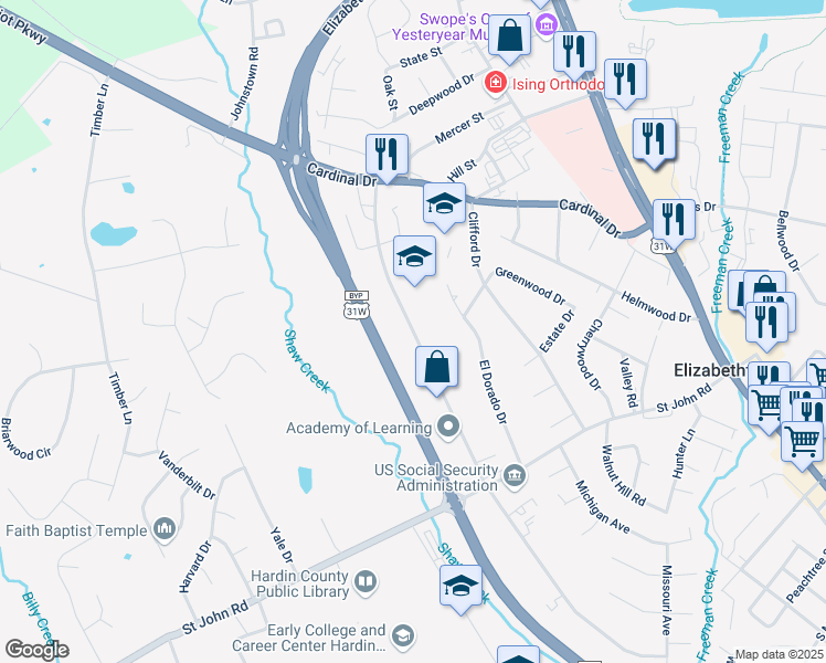 map of restaurants, bars, coffee shops, grocery stores, and more near 658 Westport Rd in Elizabethtown