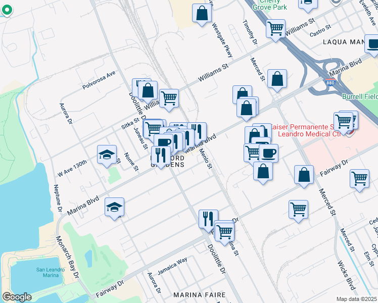 map of restaurants, bars, coffee shops, grocery stores, and more near 2070 Marina Boulevard in San Leandro