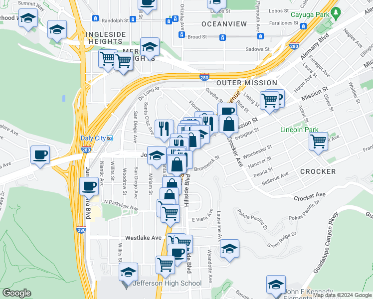 map of restaurants, bars, coffee shops, grocery stores, and more near in Daly City