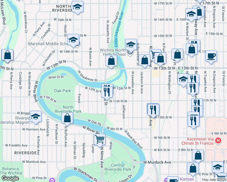 map of restaurants, bars, coffee shops, grocery stores, and more near 1235 1/2 Larimer in Wichita