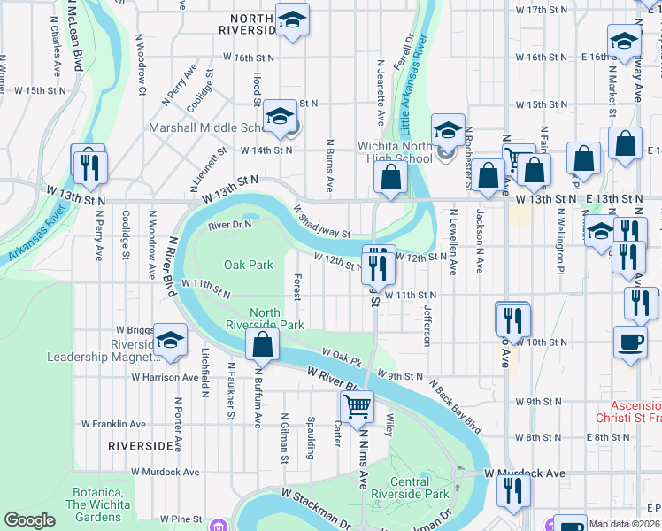 map of restaurants, bars, coffee shops, grocery stores, and more near 919 West 12th Street North in Wichita