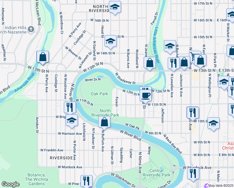 map of restaurants, bars, coffee shops, grocery stores, and more near 1230 N Forest Ave in Wichita