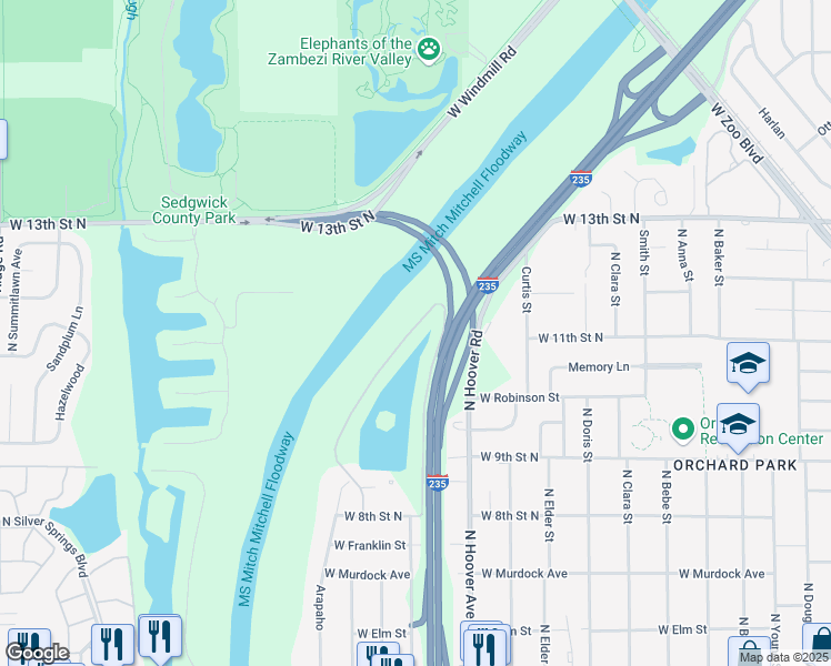 map of restaurants, bars, coffee shops, grocery stores, and more near 1124 North Bayshore Drive in Wichita