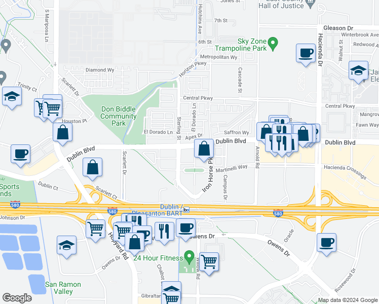map of restaurants, bars, coffee shops, grocery stores, and more near 5501 Elan Way in Dublin