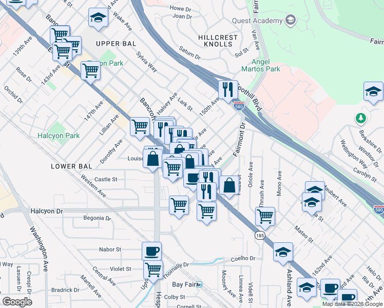 map of restaurants, bars, coffee shops, grocery stores, and more near 1473 151st Avenue in San Leandro