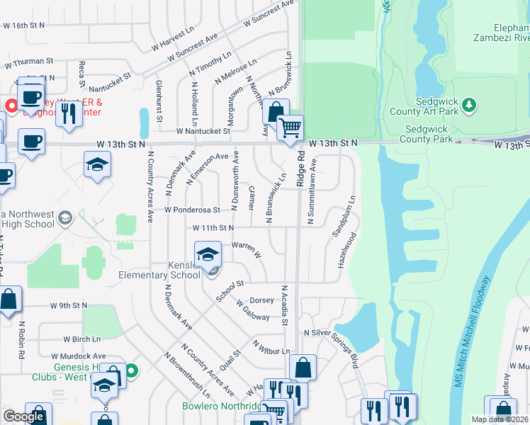 map of restaurants, bars, coffee shops, grocery stores, and more near 1213 Brunswick Street in Wichita