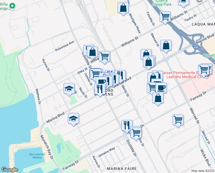 map of restaurants, bars, coffee shops, grocery stores, and more near 2145a Marina Boulevard in San Leandro