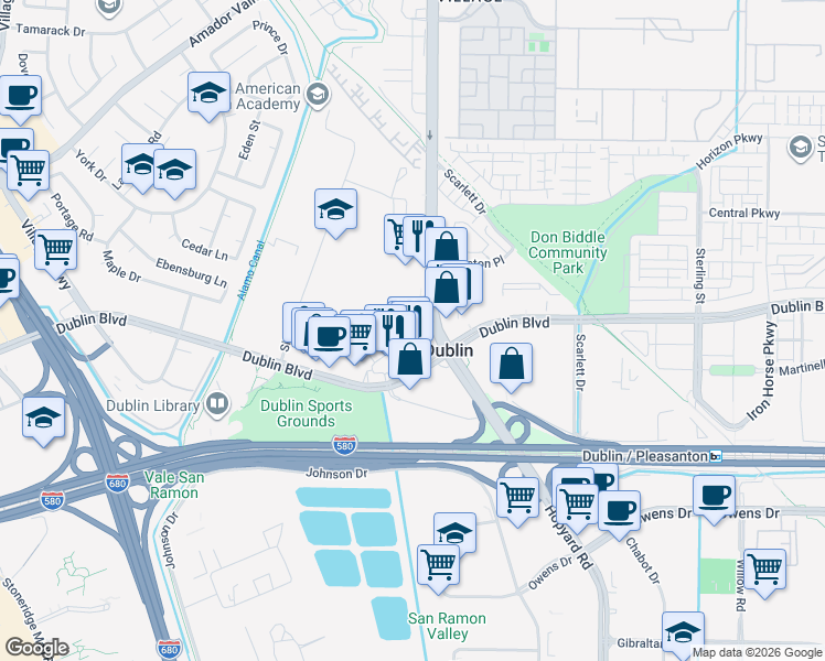 map of restaurants, bars, coffee shops, grocery stores, and more near 6563 Tralee Village Drive in Dublin