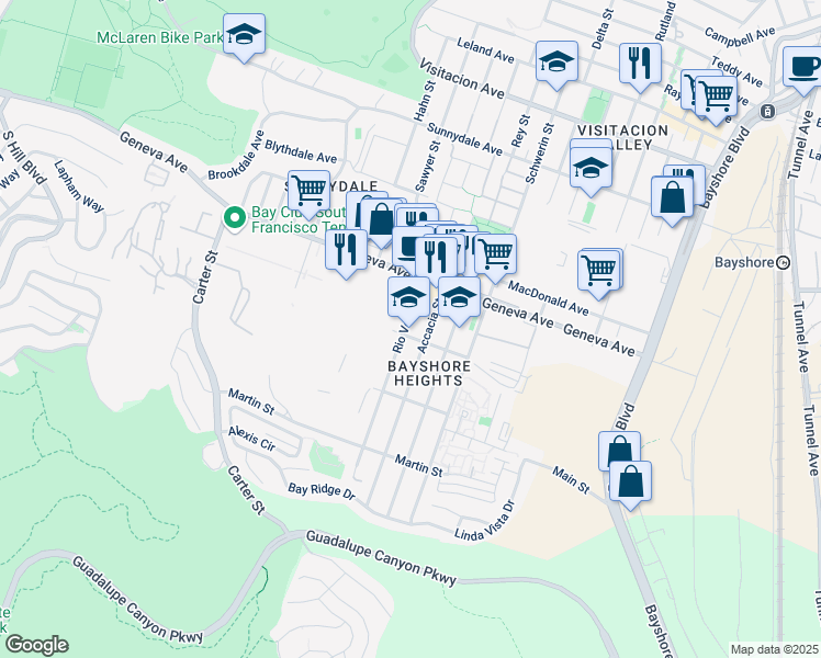 map of restaurants, bars, coffee shops, grocery stores, and more near 183 Rio Verde Street in Daly City