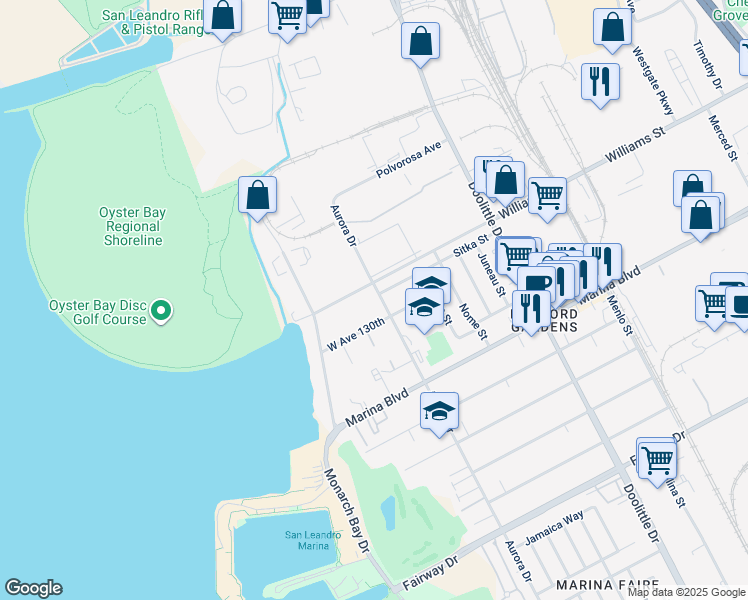 map of restaurants, bars, coffee shops, grocery stores, and more near 12920 Aurora Drive in San Leandro