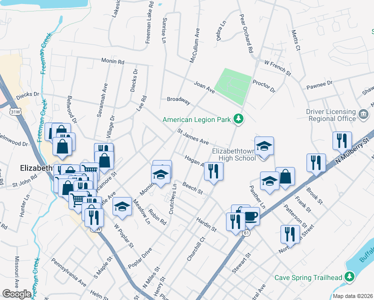 map of restaurants, bars, coffee shops, grocery stores, and more near 632 Perry Avenue in Elizabethtown