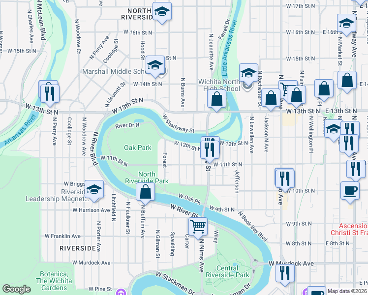 map of restaurants, bars, coffee shops, grocery stores, and more near 919 West 12th Street North in Wichita