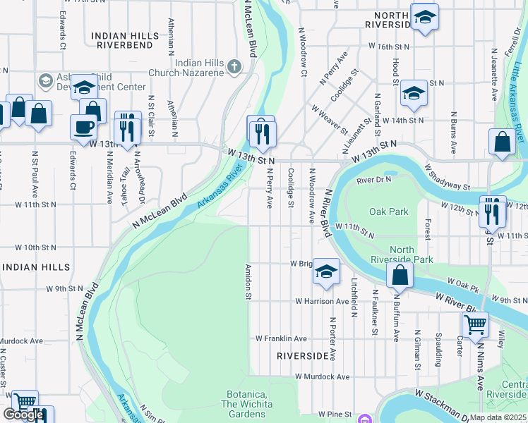 map of restaurants, bars, coffee shops, grocery stores, and more near 1221 North Perry Avenue in Wichita