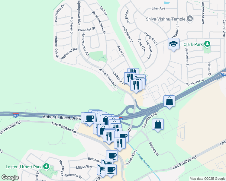 map of restaurants, bars, coffee shops, grocery stores, and more near 1030 Spring Valley Common in Livermore
