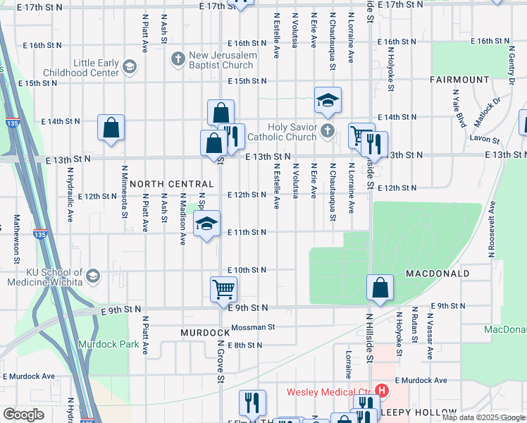 map of restaurants, bars, coffee shops, grocery stores, and more near 1233 North Estelle Street in Wichita
