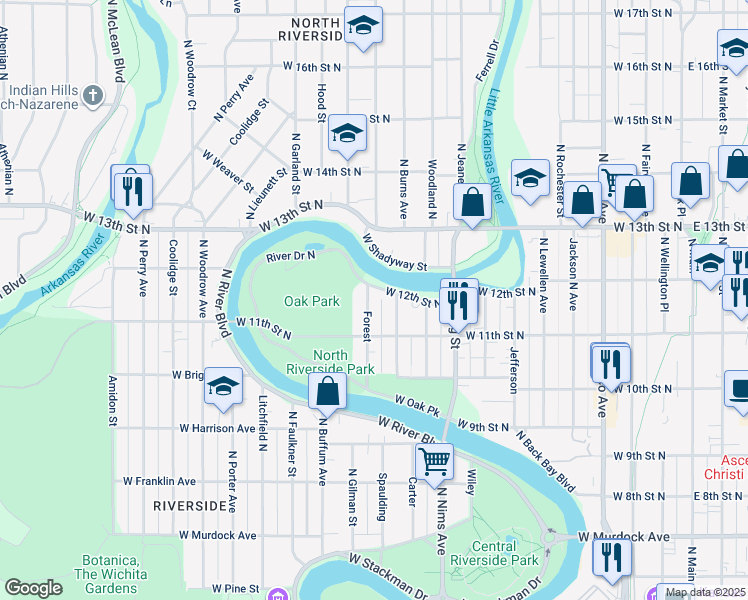 map of restaurants, bars, coffee shops, grocery stores, and more near 1230 Forest in Wichita