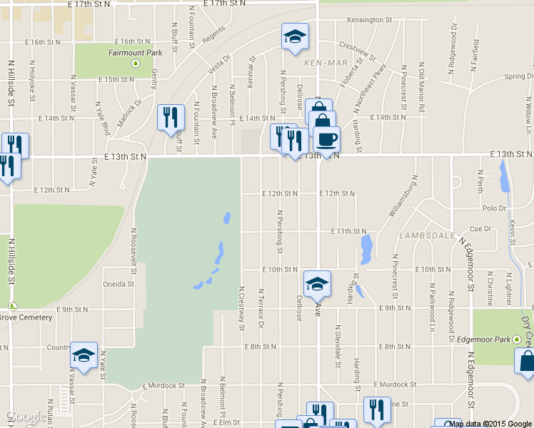 map of restaurants, bars, coffee shops, grocery stores, and more near 1228 North Terrace Drive in Wichita