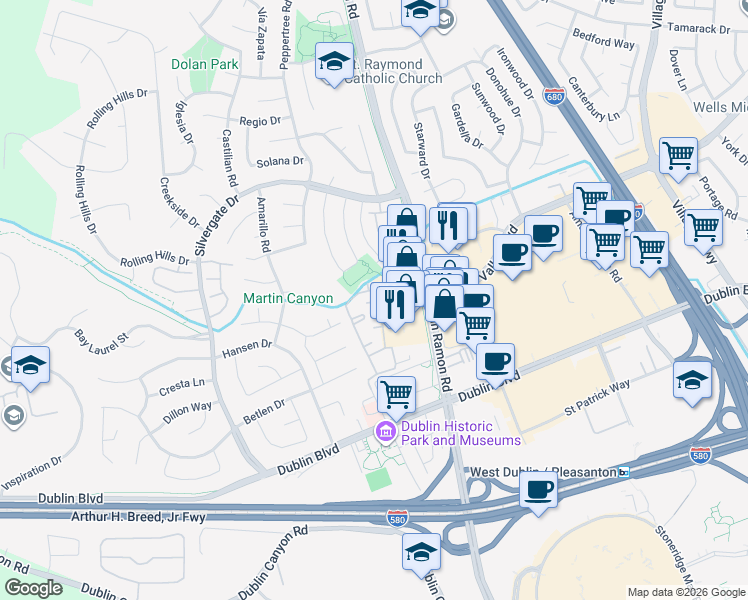 map of restaurants, bars, coffee shops, grocery stores, and more near 11894 Flanagan Court in Dublin