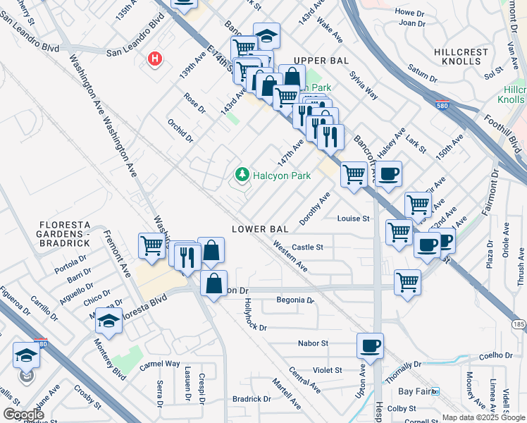 map of restaurants, bars, coffee shops, grocery stores, and more near 1205 148th Avenue in San Leandro