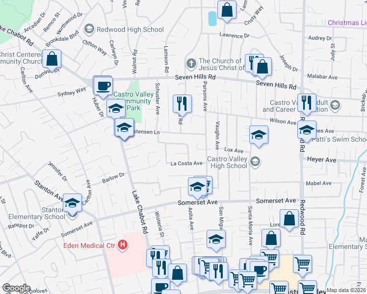map of restaurants, bars, coffee shops, grocery stores, and more near 3699 Greenhills Avenue in Castro Valley