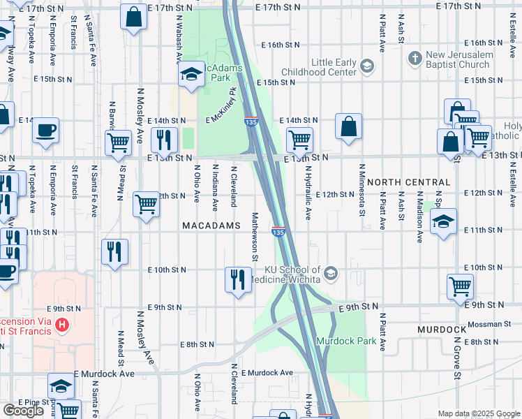 map of restaurants, bars, coffee shops, grocery stores, and more near 1236 Mathewson Street in Wichita