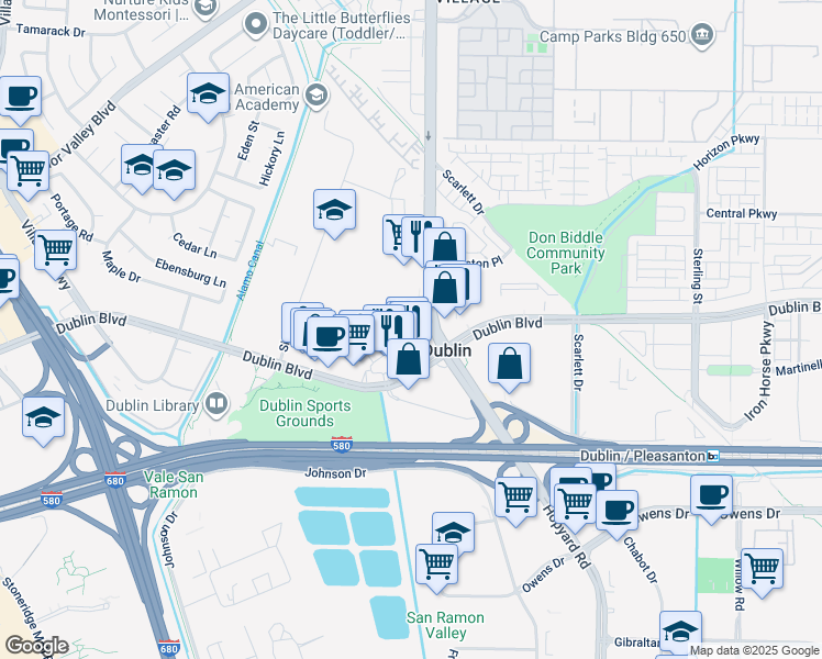 map of restaurants, bars, coffee shops, grocery stores, and more near 6563 Tralee Village Drive in Dublin