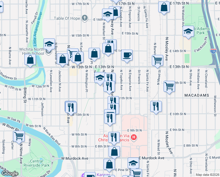 map of restaurants, bars, coffee shops, grocery stores, and more near 1235 North Broadway Street in Wichita