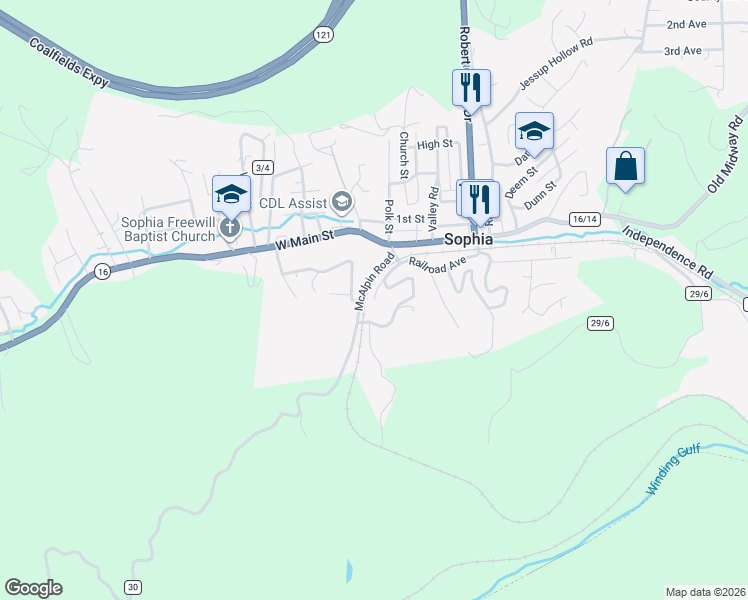 map of restaurants, bars, coffee shops, grocery stores, and more near 126 Railroad Ave in MacArthur