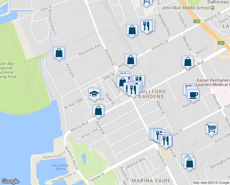map of restaurants, bars, coffee shops, grocery stores, and more near 2090 Fairbanks Street in San Leandro