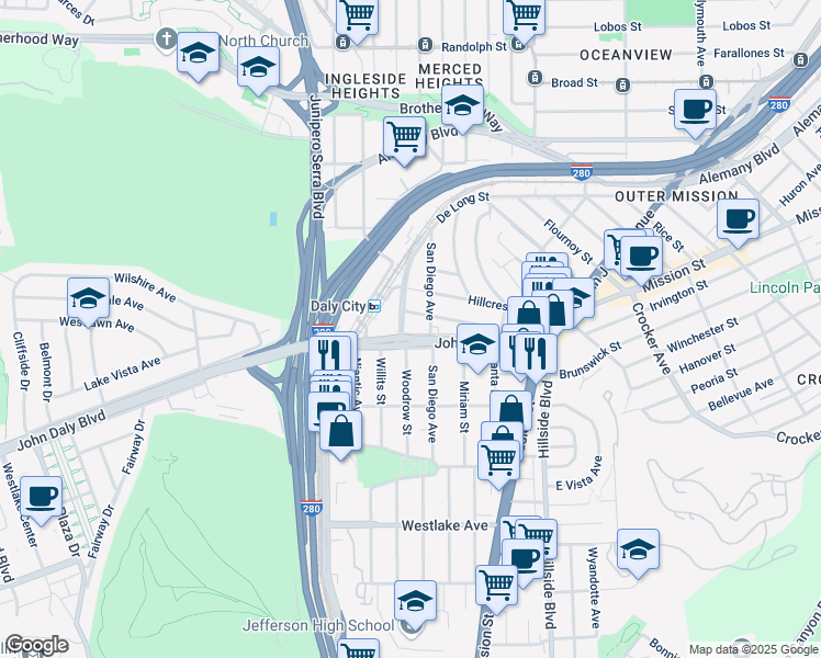map of restaurants, bars, coffee shops, grocery stores, and more near 226 Los Banos Avenue in Daly City