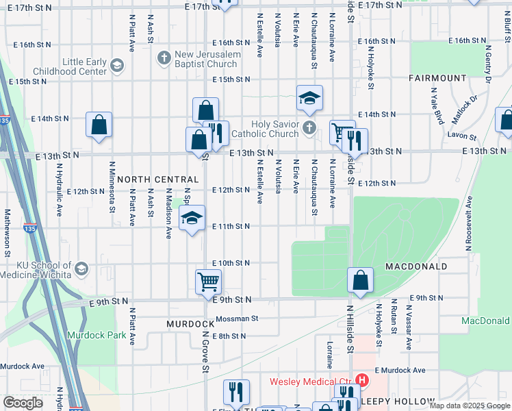 map of restaurants, bars, coffee shops, grocery stores, and more near 1233 North Estelle Street in Wichita