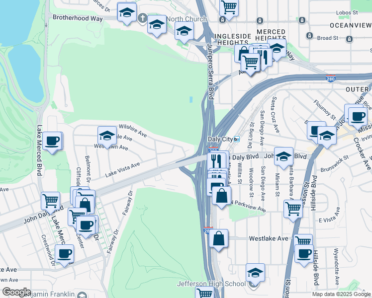 map of restaurants, bars, coffee shops, grocery stores, and more near 14 Wilshire Court in Daly City