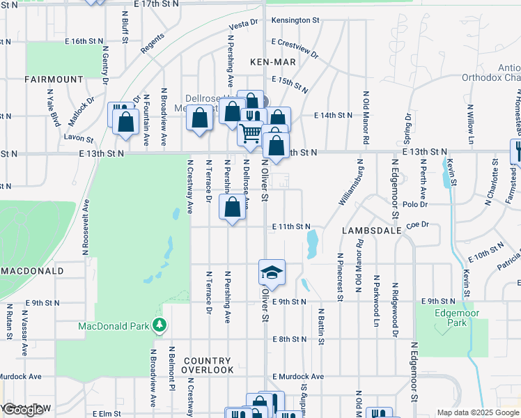 map of restaurants, bars, coffee shops, grocery stores, and more near 1229 North Oliver Street in Wichita
