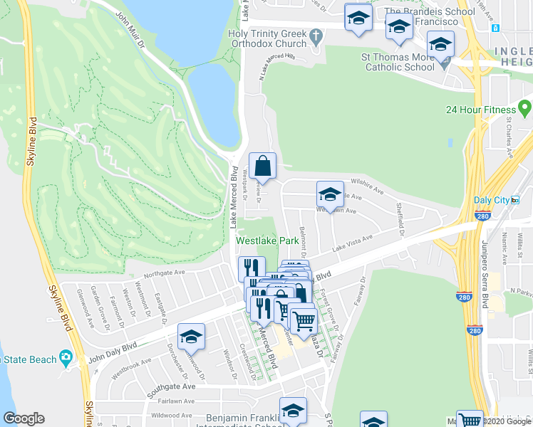 map of restaurants, bars, coffee shops, grocery stores, and more near 19 Parkside Avenue in Daly City