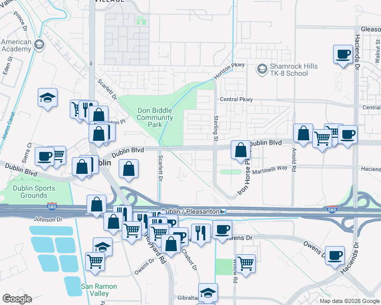 map of restaurants, bars, coffee shops, grocery stores, and more near 5850 Melodia Circle in Dublin