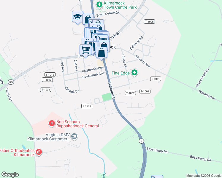 map of restaurants, bars, coffee shops, grocery stores, and more near 400 South Main Street in Kilmarnock