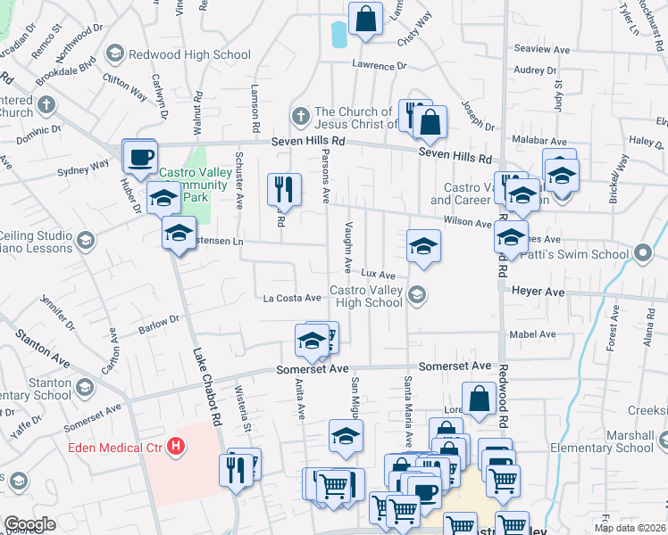 map of restaurants, bars, coffee shops, grocery stores, and more near 19286 Parsons Avenue in Castro Valley
