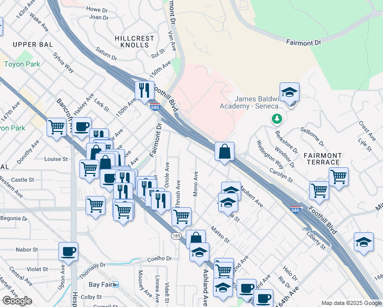 map of restaurants, bars, coffee shops, grocery stores, and more near 15602 Maubert Avenue in San Leandro