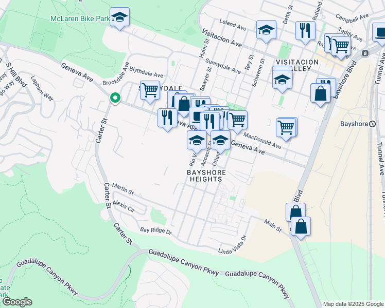 map of restaurants, bars, coffee shops, grocery stores, and more near 183 Rio Verde Street in Daly City