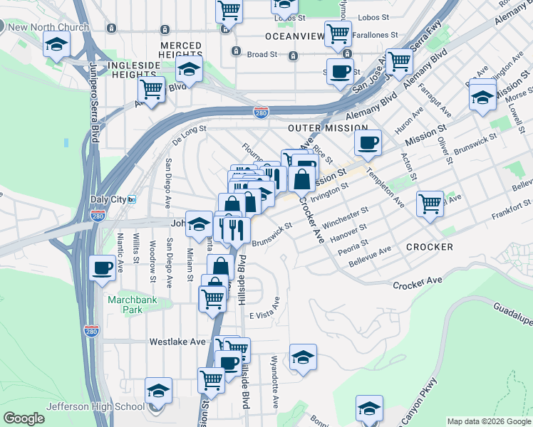 map of restaurants, bars, coffee shops, grocery stores, and more near 6317 Mission Street in Daly City