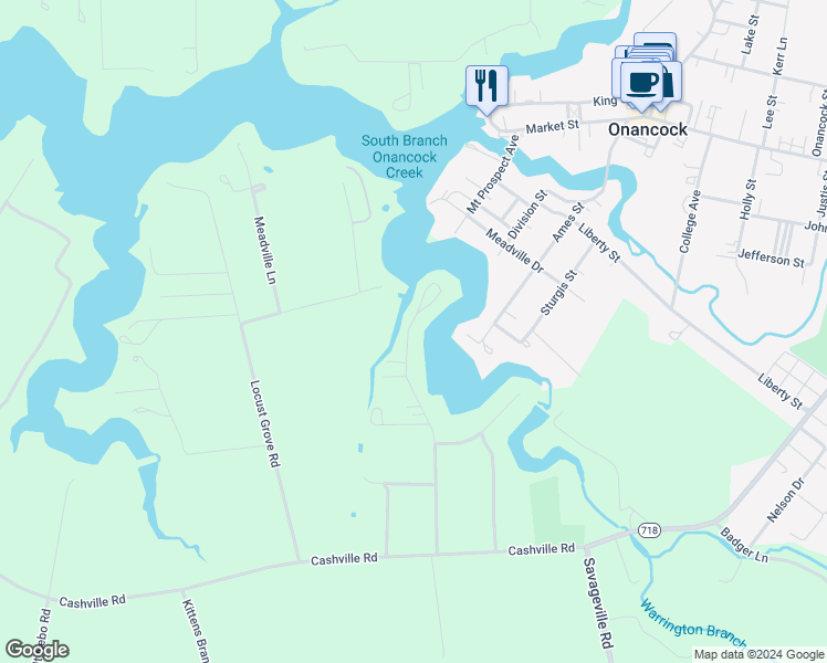 map of restaurants, bars, coffee shops, grocery stores, and more near 24399 Nancock Gardens Road in Onancock