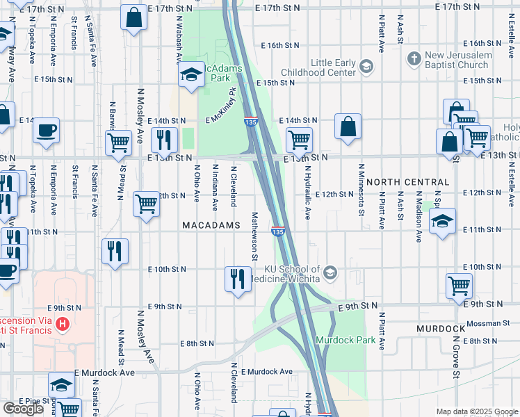 map of restaurants, bars, coffee shops, grocery stores, and more near 1236 Mathewson Street in Wichita