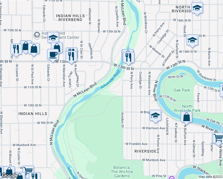 map of restaurants, bars, coffee shops, grocery stores, and more near 2050 W 11th St N in Wichita