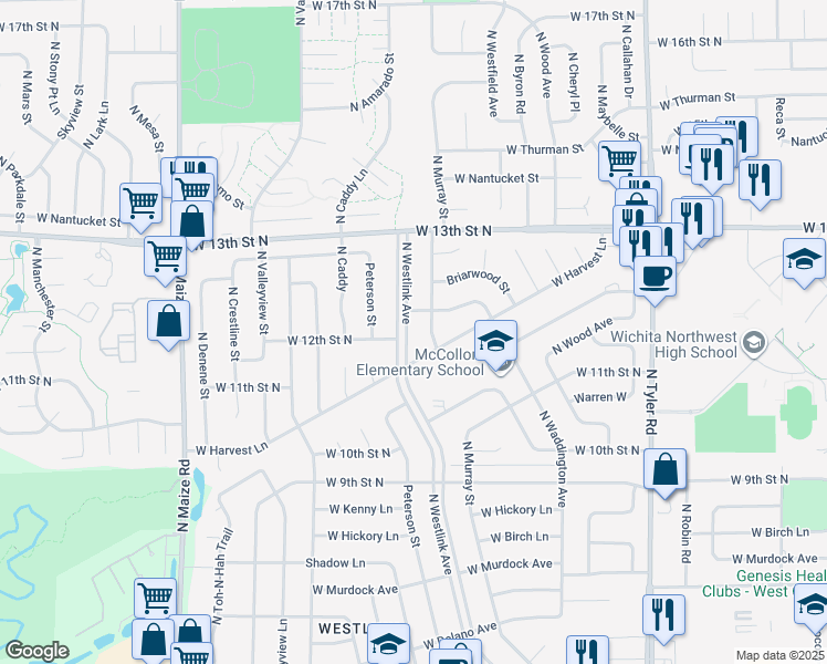 map of restaurants, bars, coffee shops, grocery stores, and more near 1236 North Westlink Avenue in Wichita