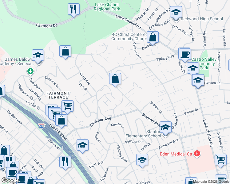 map of restaurants, bars, coffee shops, grocery stores, and more near 18871 Stanton Avenue in Castro Valley