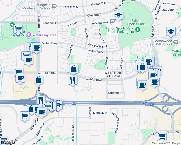 map of restaurants, bars, coffee shops, grocery stores, and more near 3465 Dublin Boulevard in Dublin