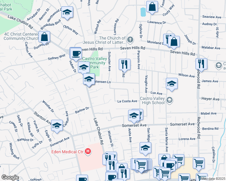 map of restaurants, bars, coffee shops, grocery stores, and more near 3619 Greenhills Avenue in Castro Valley