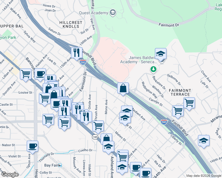 map of restaurants, bars, coffee shops, grocery stores, and more near 15667 Liberty Street in San Leandro