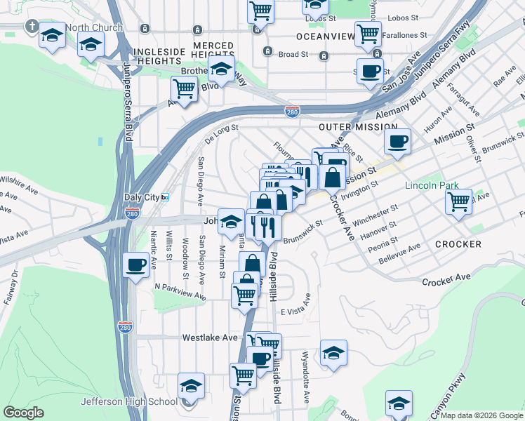 map of restaurants, bars, coffee shops, grocery stores, and more near 44 Los Olivos Avenue in Daly City